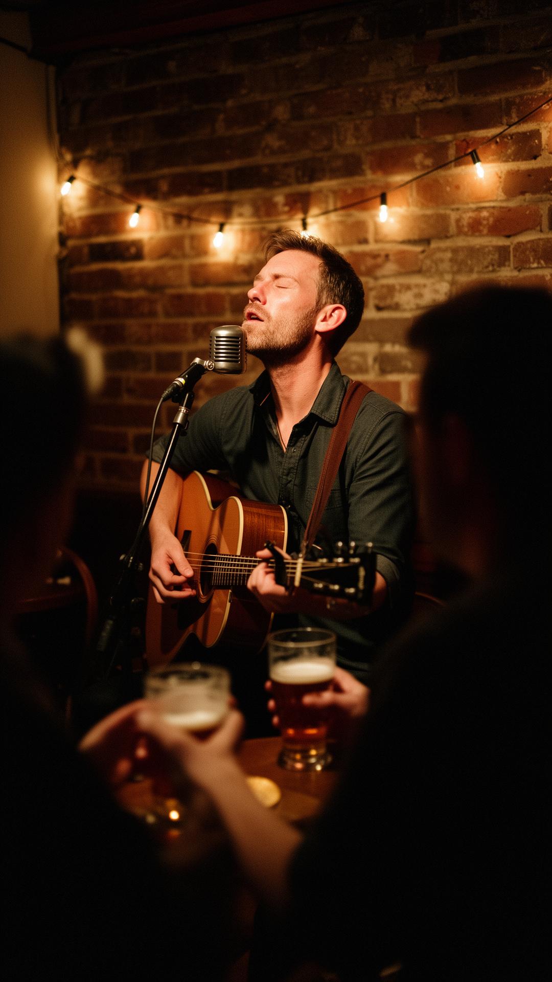 Elliot Couture en performance live au micro avec sa guitare acoustique dans un bar